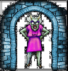 Aunt Eeta — purple-and-pink elderly monster in a magenta dress, framed by a stone archway.