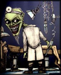 Dr. Francis N. Stein in his lab — green-skinned, stitched grin, surrounded by surgical equipment.