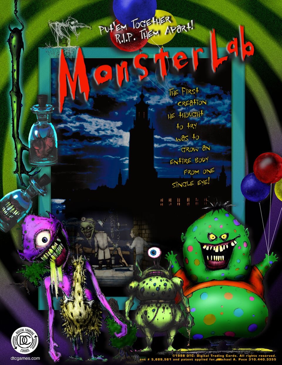 Original 1998 MonsterLab poster showing the three signature creatures, Dr. Stein's castle silhouette under stormy sky, the balloons reading 'Put 'em Together, R.I.P. them Apart!', and DTC: Digital Trading Cards branding.